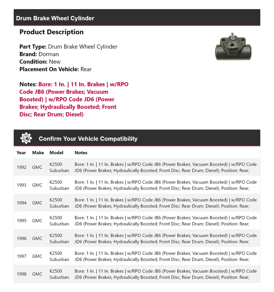 For 1992-1998 GMC K2500 Suburban Dorman Drum Brake Wheel Cylinder Rear 1993 1994 - Image 2 of 3