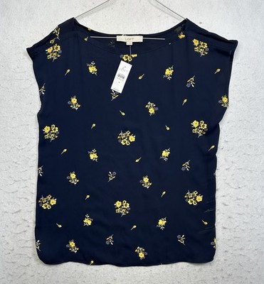 Loft Outlet Top Women s Size M Navy Floral Cap Sleeve Blue-Pink & White Flowers
