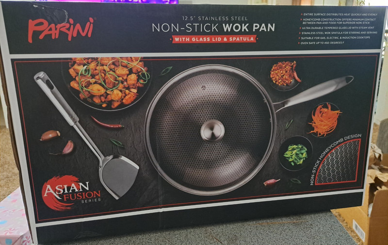Parini Asian Fusion 12.5" Non-Stick Stainless Wok w/ Glass Lid & Spatula