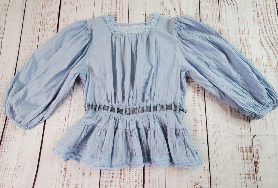 Túnica romántica favorita de Free People para mujer M azul claro manga globo encaje soñador Foto 2 de 4