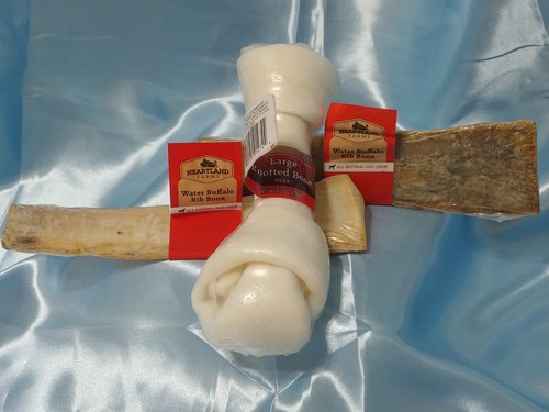 LOT OF 3 HEARTLAND DOG CHEW BONES 2 WATER BUFFALO RIB BONES 1 LARGE