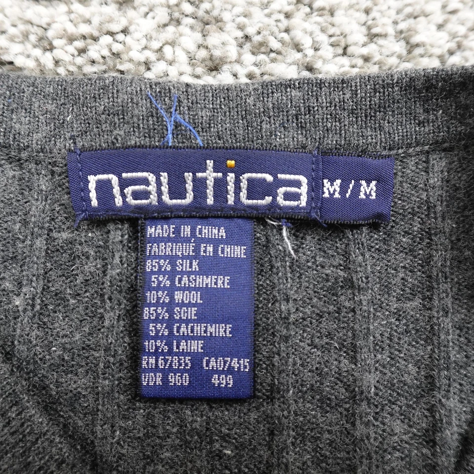 De Colección Suéter Nautica Para Hombres M Gris Seda Cachemira Lana Acanalado Tejido Cuello en V Chaleco Suave Foto 4 de 4