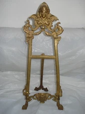 Victorian Brass Tabletop Easel Artwork Display Winged Goddess & Bearded Man 18"