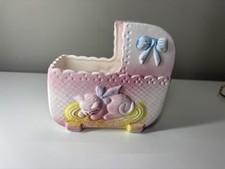Vintage My-Neil Pink Baby Bassinet Planter Sleeping Cat Nursery Decor Kitsch MCM