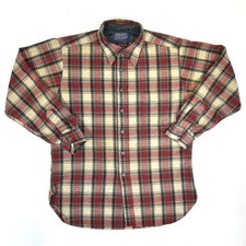 Pendleton Mens Vtg Large Red Tan Plaid Virgin Wool Button Down Flannel Shirt USA