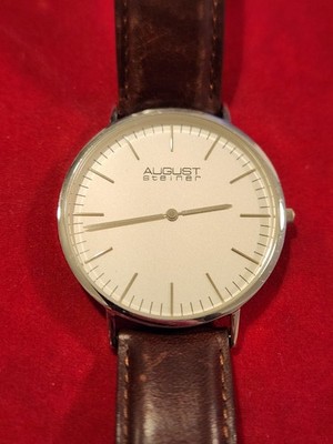  August Steiner ''The Conrad'' Men's Dress Watch Silver Case, Brown Leather Strap