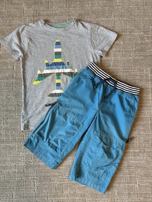 Mini Boden Boys Airplane Graphic Tee & Blue Drawstring Shorts Set 9 10 Cotton