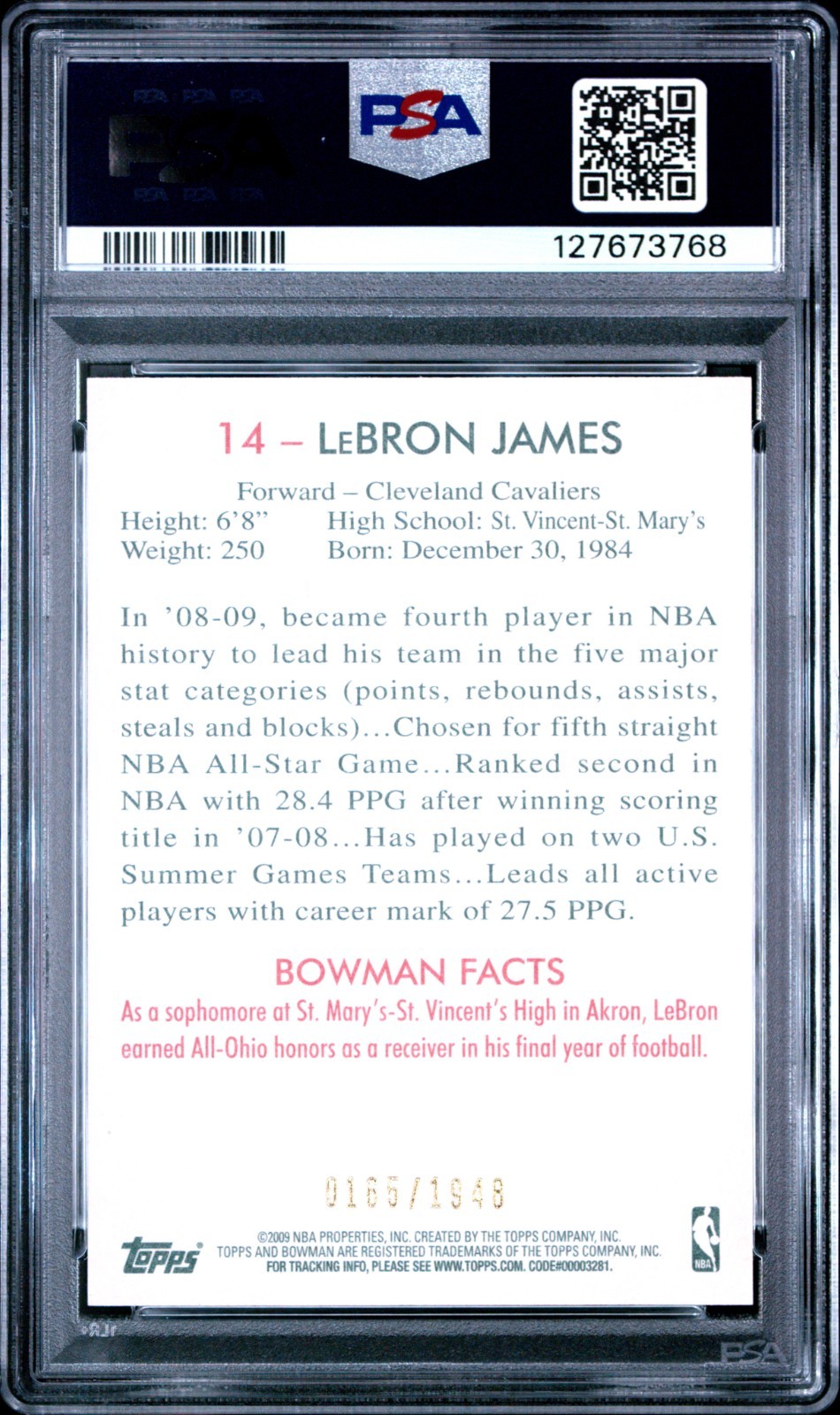 Lebron James 2009 Bowman '48 Blue #/1948 Cavaliers 76ers #14 PSA 8 Pop 4 Higher view 2