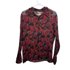 Notations Blouse Women's Large Sheer Button Up Metallic Pleated Y2k Top