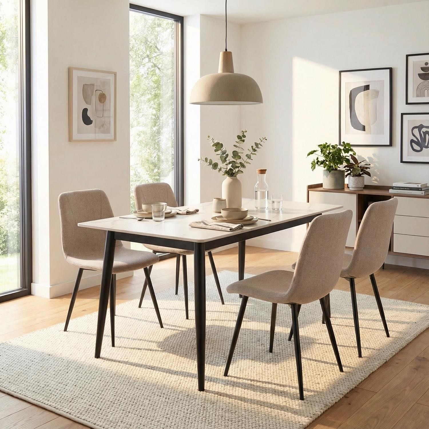 5 Piece Dining Set Cream Sintered Stone Table & Sand Blasted Legs Brown Chairs