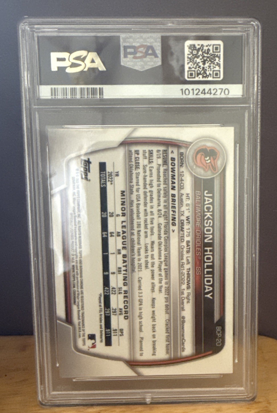 2023 Bowman Chrome Jackson Holliday #20 Pink mojo Refractor PSA 9 view 2