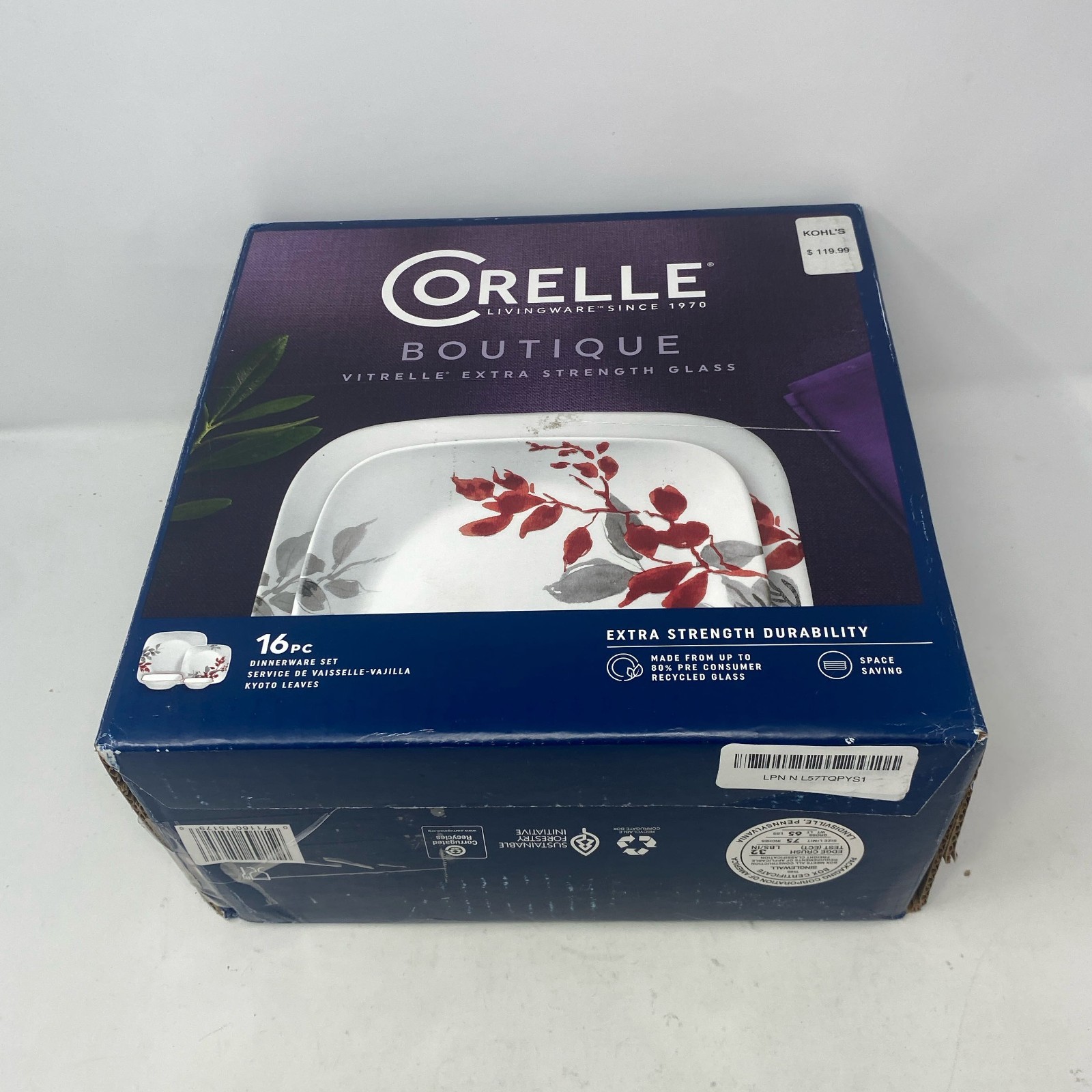 Corelle Kyoto Leaves 16pc Square Dinnerware Set, White/Red/G