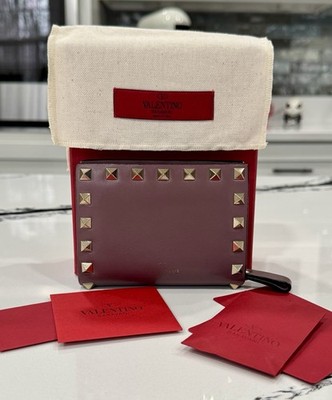 Valentino Garavani Rockstud Leather Compact Wallet Mauve Silver Studs w/ Box Etc