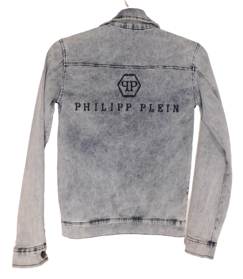 RARE PHILIPP PLEIN Youth 12-14 Blue Denim Stonewash Jacket Skull Name Logo Black - Image 3 of 4