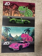 “REXY & ROXY” T REX 2024 Pink & 2023  Green DINOSAUR IMSA 2 Cards AO PORSCHE GTD