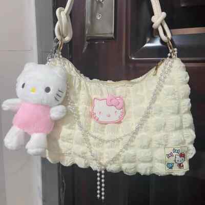 Hello Kitty Shoulder Bag Stylish Crossbody Bag Pearl  Chain Women  Handbags Gigt