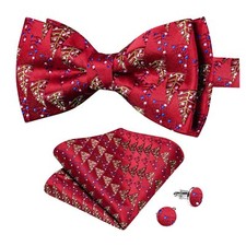 Mens Red Christmas Pre-tied Party Bow Tie Festival Theme Bow Tie and Pocket S...