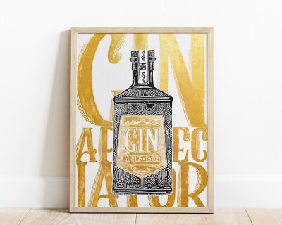 Gold black Gin bottle appreciator saying Linocut print Kitchen wall art decor