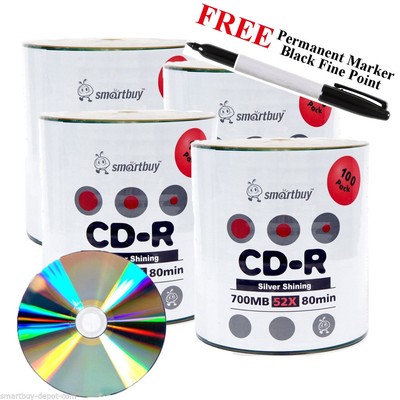 400 52X Smartbuy CD-R 700MB Shiny Silver Top Record Disc +Black Permanent Marker