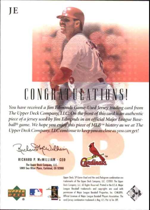 A2123- 2001 SP Game Used Edition Authentic Fabric #JE Jim Edmonds DP Jersey - Image 2 of 2