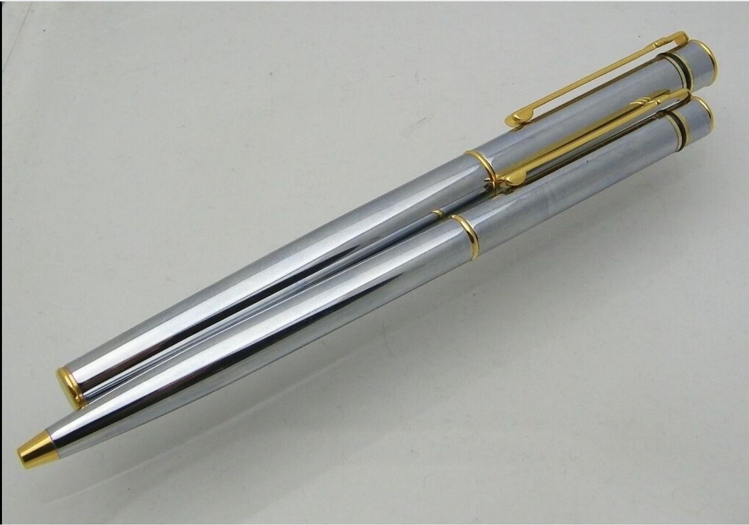 NOS DIPLOMAT ATTACHÉ Stainless w/ GP Trim Fountain Pen & Ball Point Pen Set