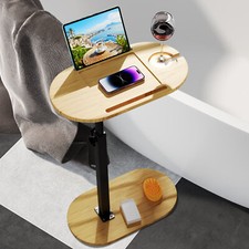 Bamboo Bathtub Tray Side Table C-Shaped Adjustable Height Bath Tub Tray Table