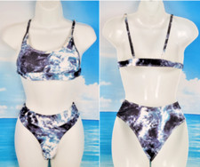 VINTAGE 2 pc BIKINI Bra Pads High Leg Bathing Swim suit BLUES Water Marble Sm