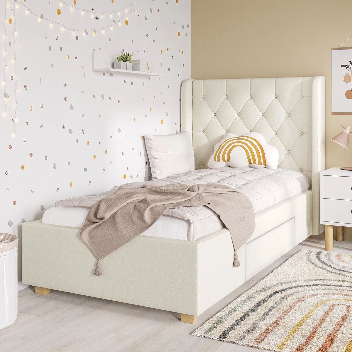 Kids Beige Fabric Single Bed Frame with Storage Drawer Phoebe