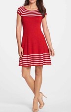 Eliza J Woman's XL Red Fit N Flare W/ Striped Accents Knit Dress NWT $98