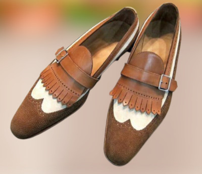 Handmade Mens Two tone fringe shoes, Men monk shoes, Men arty shoes