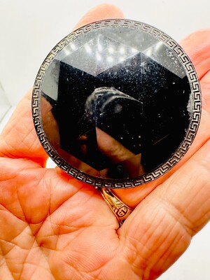 Antique Hatpin Greek Key Rim Triangle Faceted Large Long Ebony Disc Fine Example