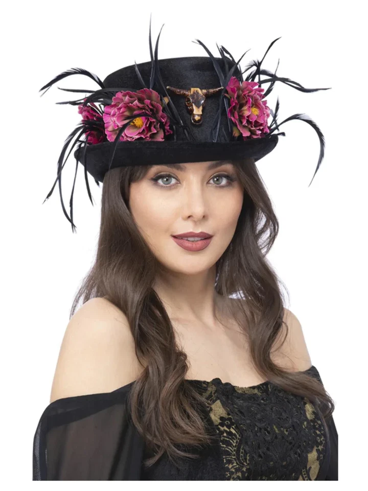 Floraler Horn-Zylinder Damen Deluxe Halloween Kostüm Zubehör + Blumen - Bild 1 von 1