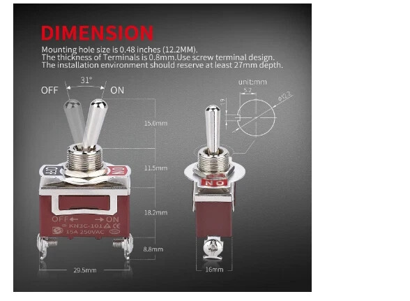 DaierTek SPST Waterproof Toggle Switch 12V DC 30A 125VAC 20A Marine Heavy Duty 2