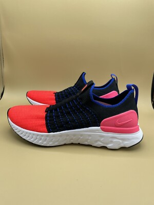Sz 8 Nike Women React Phantom Run Flyknit 2 Black/ Crimson Gel Neon Sneakers NEW