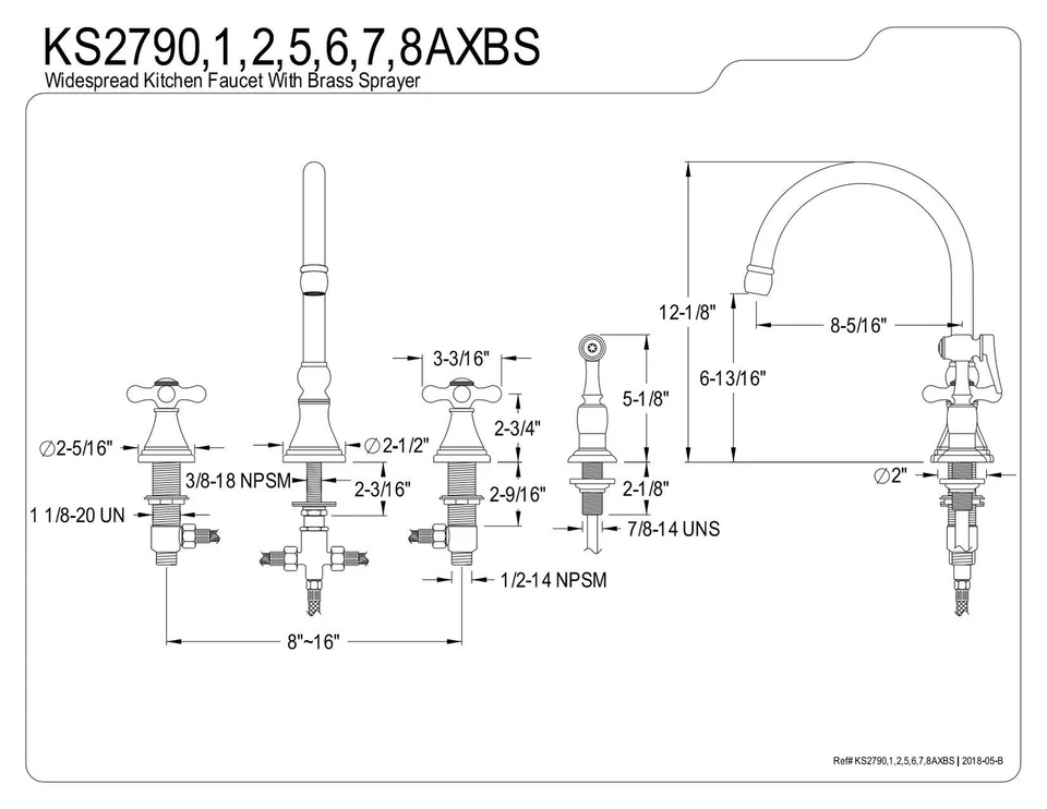 Elements of Design ES2791AXBS Madison 8" to 16" Widespread Kitchen Faucet - Image 2 of 3