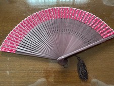Wooden Fan Red Brown Gradient with Tassels, Carved Design, Case, Used