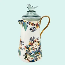 RETIRED ANTHROPOLOGIE BOTANICA FLORAL STONEWARE PITCHER GOLD HNDL GLASS BIRD LID