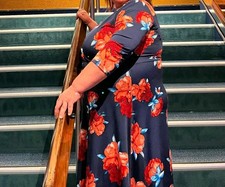 Plus Size Floral Navy Long A-Line Dress 3/4 Sleeve Round Neck Red Blue Orange