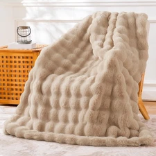 Faux Fur Throw Blanket for Couch Bed - Fluffy Soft Thick Bubble Blanket for L...