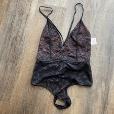 Auden Womens Floral Lace Bodysuit Black Nude V-Neck Adjustable Straps Size M NEW