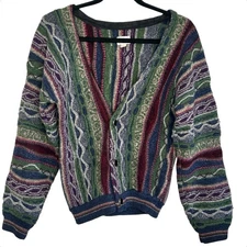 VTG 3D Chunky Knit Cardigan Sweater Small Grandpa Cosby Upcycle Jacquard USA