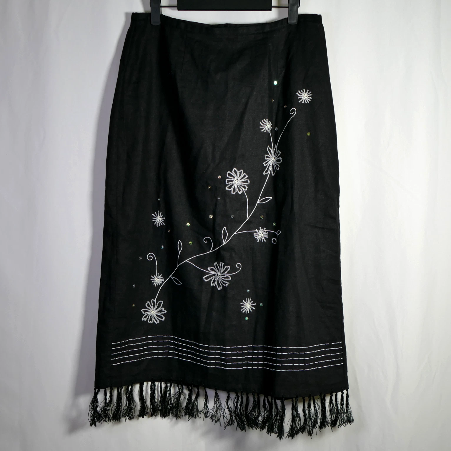 Requirements Linen Floral Fringe Midi Skirt Size M Petite Fairy Grunge Whimsical