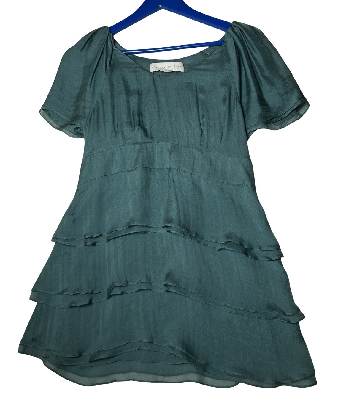 Stella McCartney Silk Babydoll Blouse Size 40 Green Tiered Ruffles Short Sleeve