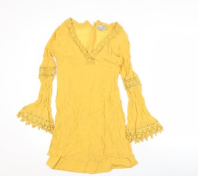 Asos Damen gelb Viskose Etuikleid Größe 8 Boho Häkel Langarm