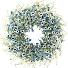 Blue Daisy Wreath 24 Inch Spring Summer Fake Silk Floral Wreath with Green Eucal