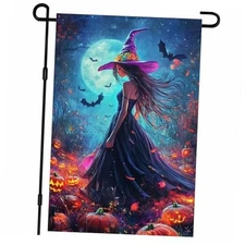 Halloween Garden Flag 12x18 Inch Elegant Witch Moonlight Banner Double Black