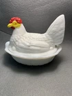 Vintage Fenton Milk Glass Hen on Nest Hand Painted Red Head Chicken Candy Dish