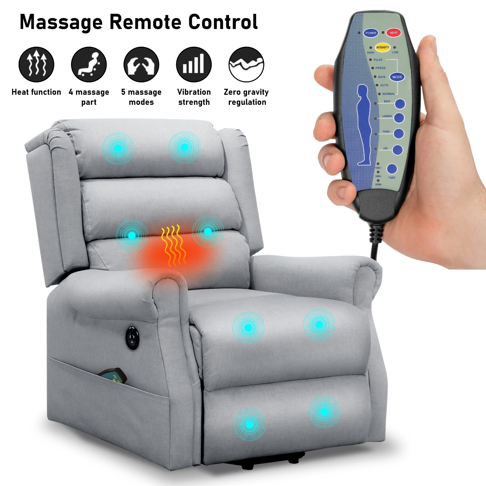 Electric Riser & Recliner Chair Fabric 8 Point Massage & Heat Sofa Arm