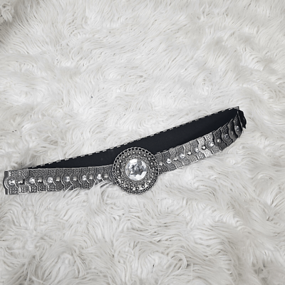 Metal Scale Layered Belt With Sparkle Gem In Center Stretch  display picture 2