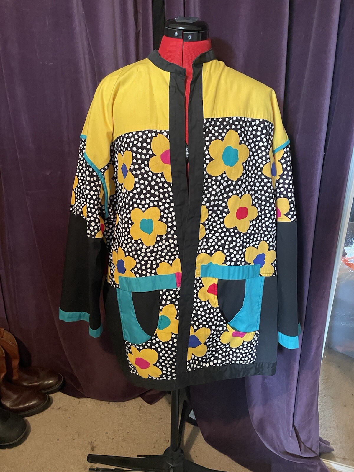 Handsewn Patchwork Reversible Coat With Belt, Poc… - image 4